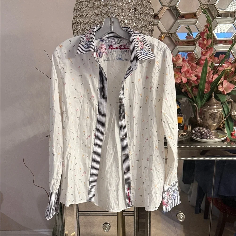 Robert Graham White Shirt with Black Stripes and Floral Accents - Picture 2 of 8
